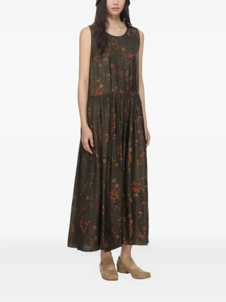 Rochie maxi Uma Wang fără mâneci cu model floral cu imagine maro
