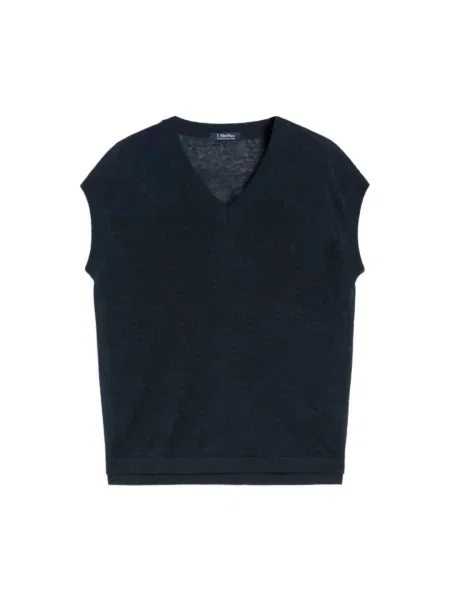 Lniany sweter Max Mara z krótkim rękawem niebieski