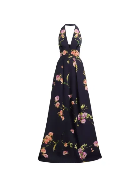 Rochie maxi Elie Saab cu model floral cu imagine cu gât halter albastru