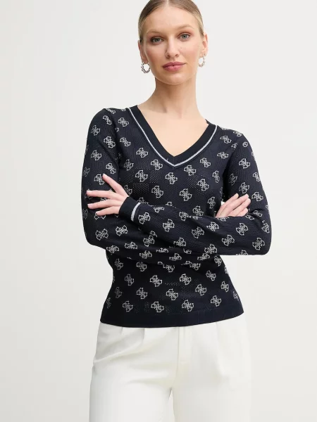 Lekki sweter Guess z dekoltem w serek z dżerseju niebieski