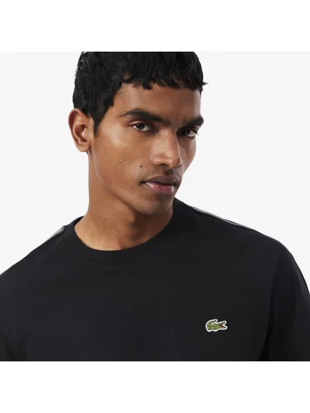 Lacoste Koszulka Z Grubej Bawełny Z Paskiem Logo czarna