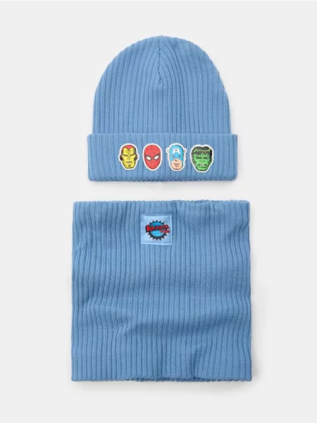 Sinsay Žebrovaný komplet s příměsí viskózy: čepice beanie a nákrčník Marvel 2 pack modrá