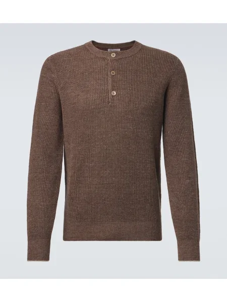 Lněný žebrovaný svetr Brunello Cucinelli hnědý