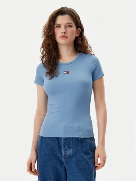 Tommy Jeans majica za žene od pamuka s elastanom plava