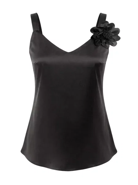 REGINA FASHION Top V-Neck Satin Top with 3D Flower Detail' čierna