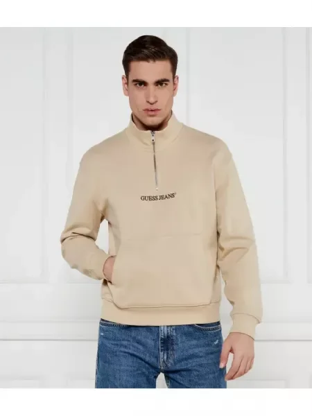 Guess Jeans Pulóver HALF ZIP bézs
