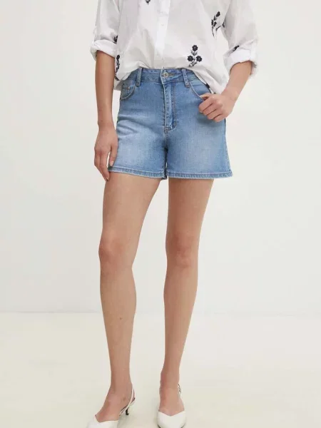 Къс панталон Answear Lab с изчистен дизайн с висока талия синьо