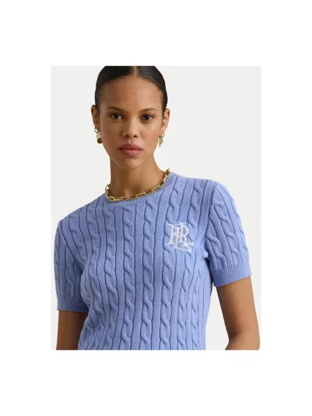 Lniany lekki sweter Ralph Lauren z krótkim rękawem niebieski