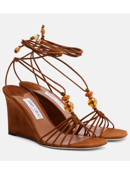 Sandale Jimmy Choo din piele de căprioară cu pană maro