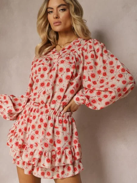 Beżowo-Czerwone Spódnico-Szorty High Waist z Falbankami Gavira beżowe