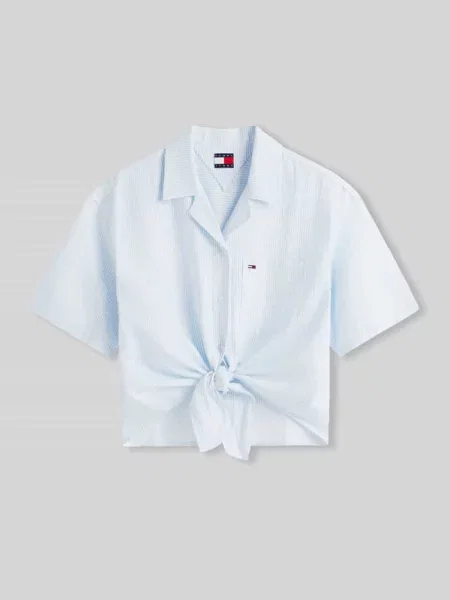 Bluzka lniana o kroju regular fit z mieszanki lnu z wiązanym detalem Tommy Jeans niebieska