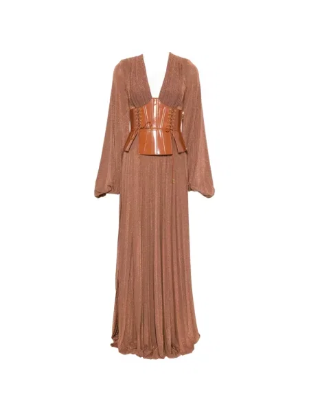Rochie maxi Elisabetta Franchi cu șireturi din dantelă maro
