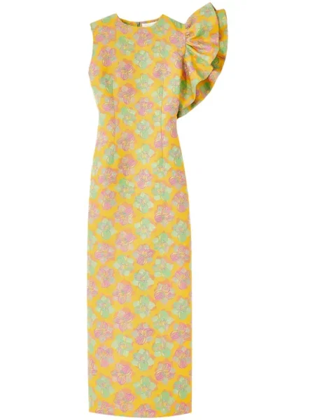 Sukienka midi D'estree w kwiatki do kolan na jednym ramieniu żółta