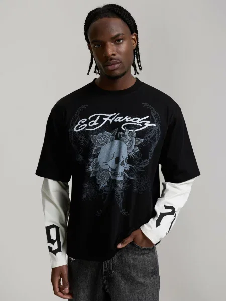 Ed Hardy Tričko Skull modrosivá / čierna biela
