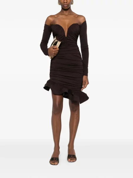Rochie maxi Elisabetta Franchi cu volane lungă de costum maro