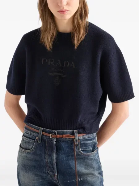 Top Prada cu broderie cu decolteu rotund albastru