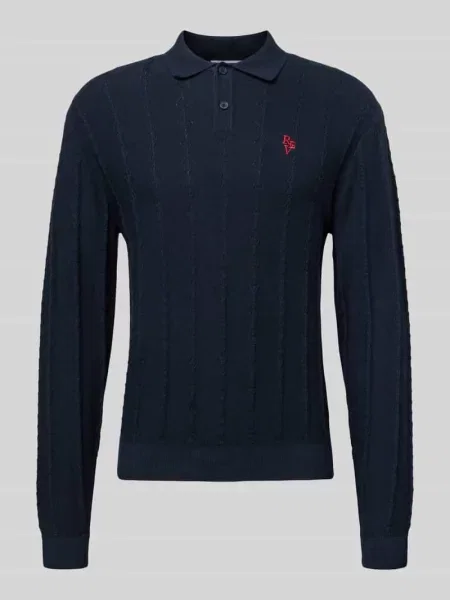 Sweter z dzianiny z fakturowanym wzorem i kołnierzykiem polo Review granatowy