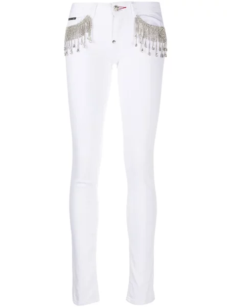 Blugi Philipp Plein cu franjuri alb