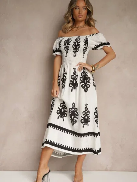 Sukienka Hiszpanka Ozdobiona Etnicznym Printem Aralette biała