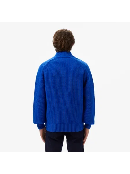 Lacoste Gruby Sweter Z Wełny Czesanej Z Zamkiem Pod Szyją granatowy