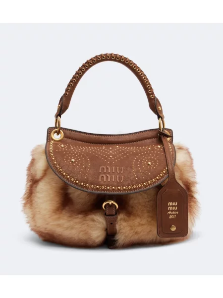 Shopper kabelka Miu Miu s cvočkami z ovčej kože hnedá