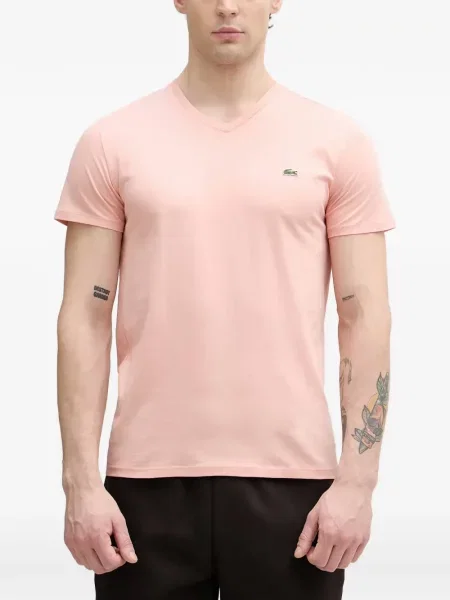 Tricou Lacoste cu decolteu în V cu autograf roz