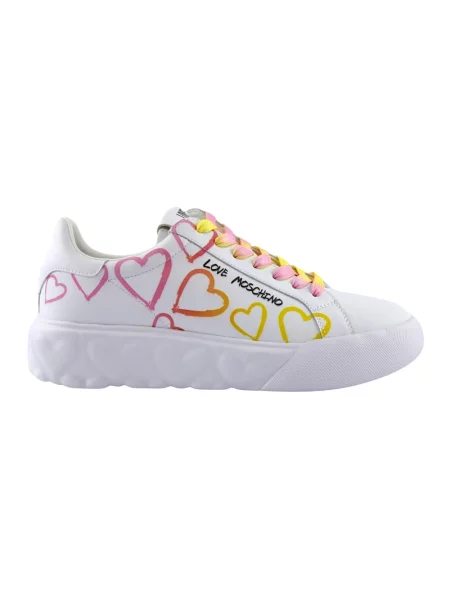 Sneakersy Love Moschino skórzane z nadrukiem w serca beżowe