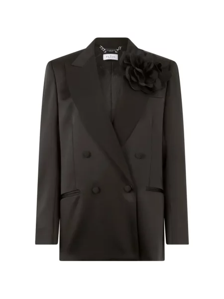 Sacou Philipp Plein din satin cu două rânduri de nasturi negru