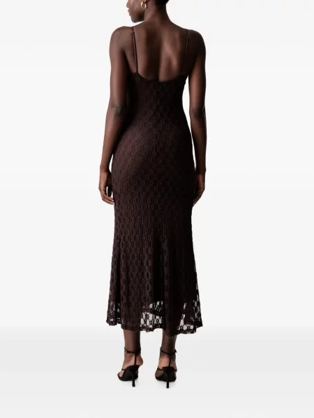 Rochie midi Bardot cu model floral din dantelă maro