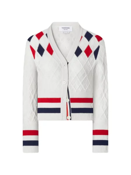 Cardigan Thom Browne cu model argyle alb