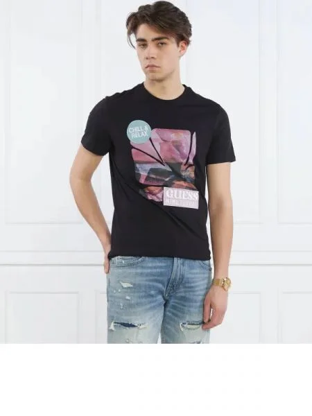 GUESS Tricou SUNSET FLOWER negru