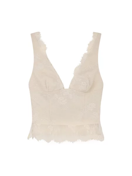 Lniany top Pinko bez rękawów w kwiatki beżowy