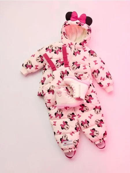 Sinsay Prošívaná puffer bunda s kapucí Minnie Mouse krémová