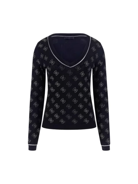 Lekki sweter Guess z dekoltem w serek z dżerseju niebieski