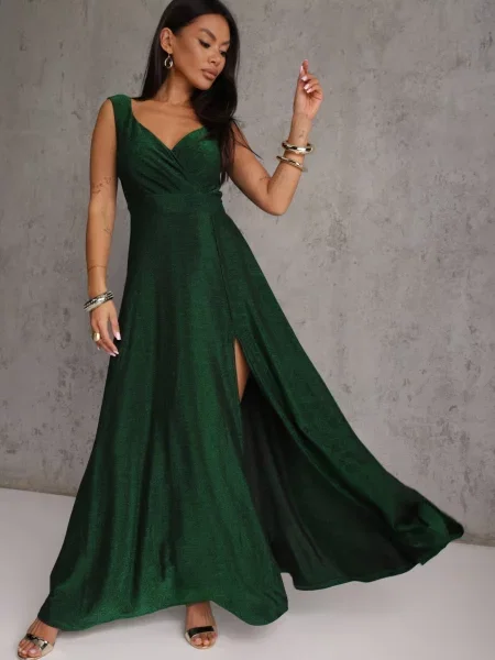 Koktajlowa Sukienka Brokatowa na Ramiączkach z Rozcięciem Adrenala zielona