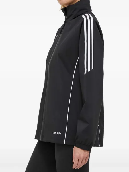 Geacă cu puf Adidas din piele de căprioară cu dungi cu glugă albastru
