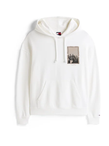 Tommy Jeans hanorac de bej cu glugă cu imprimeu negru