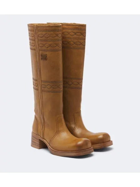 Cizme Miu Miu cu broderie din piele bej