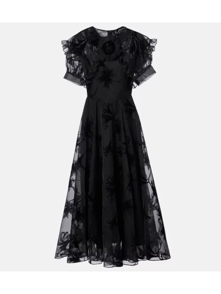 Rochie midi Rodarte cu model floral cu volane până la genunchi negru
