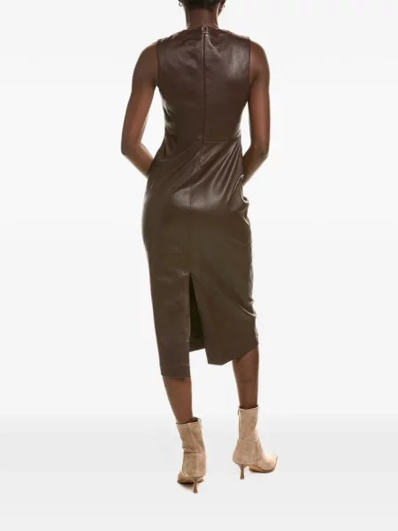 Rochie midi Brunello Cucinelli din piele fără mâneci maro
