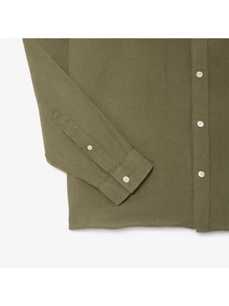 Lacoste Lniana Koszula Button-Down Regular Fit Khaki zielony