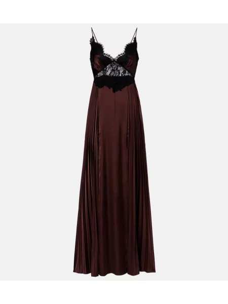 Rochie maxi Self-portrait din satin plisată de costum maro