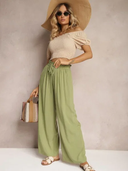 Pantaloni Palazzo Deschis din cu Talie Înaltă și în Talie Nelsaria verde