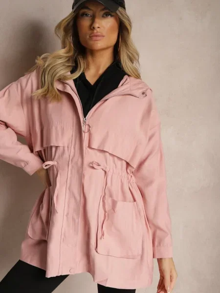 Kurtka o Fasonie Parki z Kapturem i Troczkiem Mevalla różowa