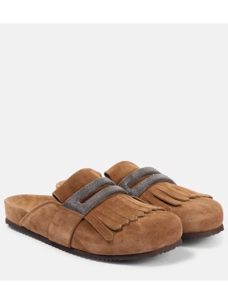 Papuci de casă Brunello Cucinelli cu franjuri din piele de căprioară maro