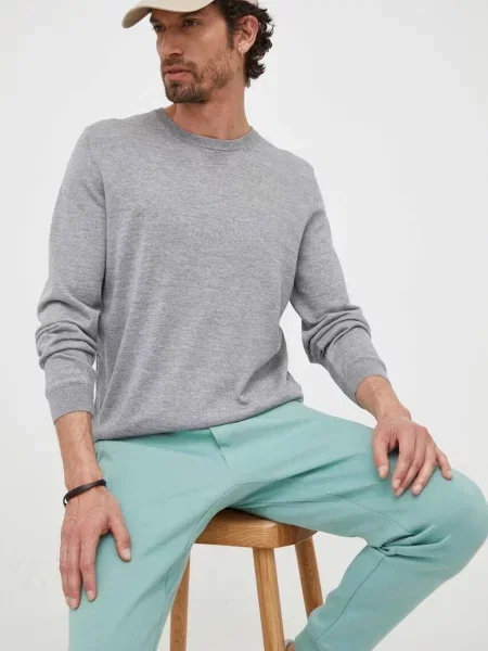 Вълнен пуловер BOSS мъжки от лека материя сиво