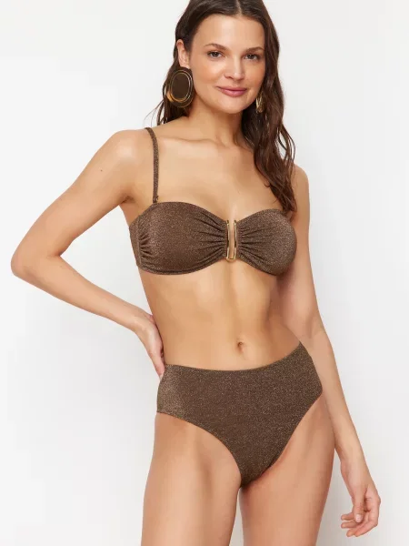 Trendyol Brown Strapless Accessory Glitter Premium Fabric Brazilian Bikini Set maro