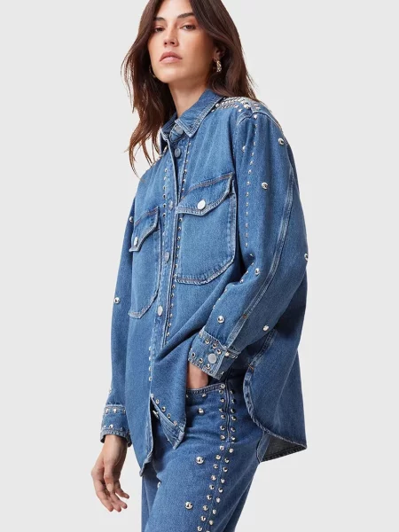 AllSaints camasa din denim femei cu guler clasic relaxed alba