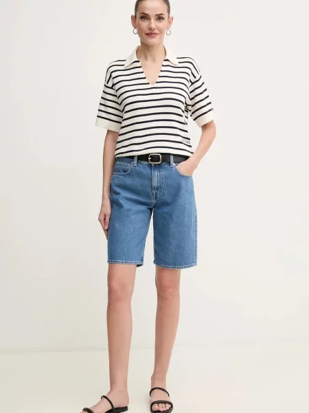 Pepe Jeans szorty jeansowe BERMUDA SHORT HW gładkie high waist niebieski