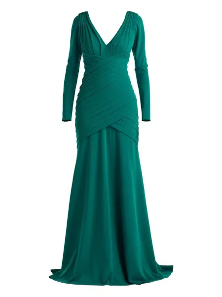 Rochie maxi Tadashi Shoji plisată lungă de costum verde